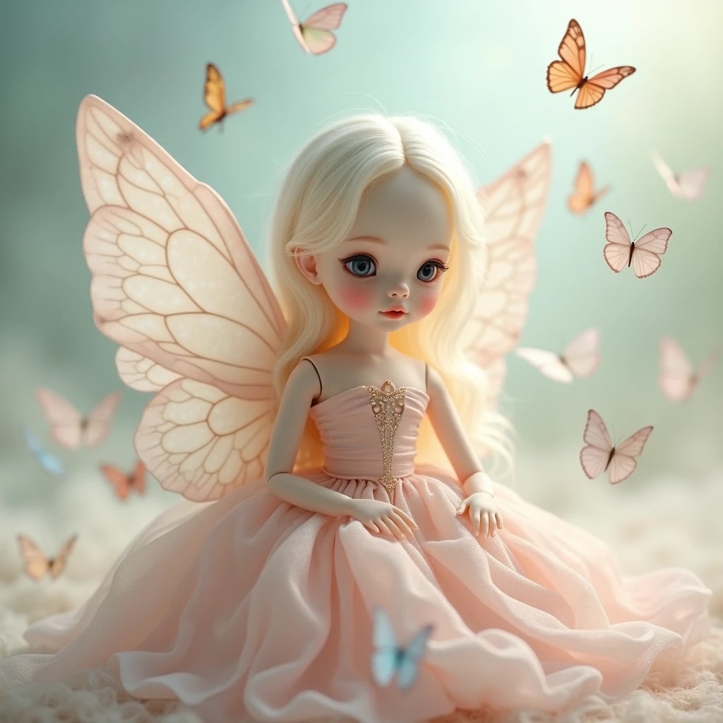 An HD cute doll image featuring soft curls, angelic wings, and a magical background.