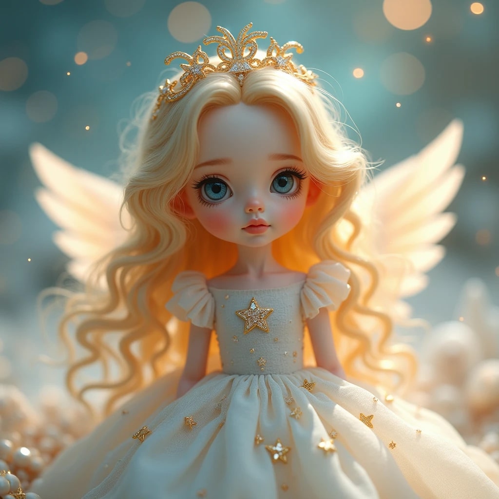 An HD cute doll image with intricate details and a soft glowing backdrop.